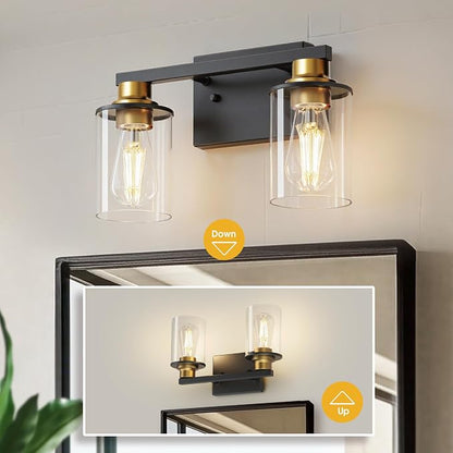 L LOHAS LED 2-Light Bathroom Vanity Light, Black and Gold | Clear Glass Shades; Black and Gold Bathroom Light Fixture; ETL Listed