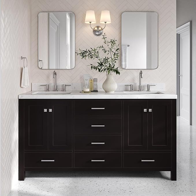 DKB Beckford 66" Espresso Double Bathroom Vanity, 1.5" Carrara White Quartz Countertop, Dual Rectangular Undermount Sinks, 4 Soft Closing Shaker Doors, 6 Full Extension Dovetail Drawers