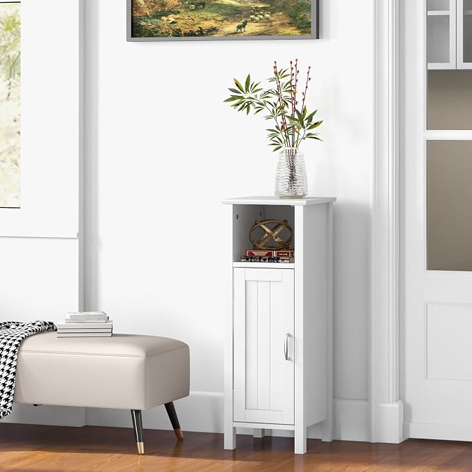 Giantex Narrow Bathroom Storage Cabinet with Adjustable Shelf (White) | Corner Unit with Open Compartment, Anti-toppling Device, Freestanding Small Storage Organizer for Living Room