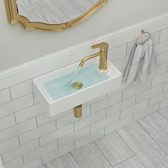 Wall Mount Bathroom Vessel Sink Space Saving | Beslend 17"x8" Inch White Ceramic Vessel Sink, Rectangular White Art Hand Wash Basin with Single Hole