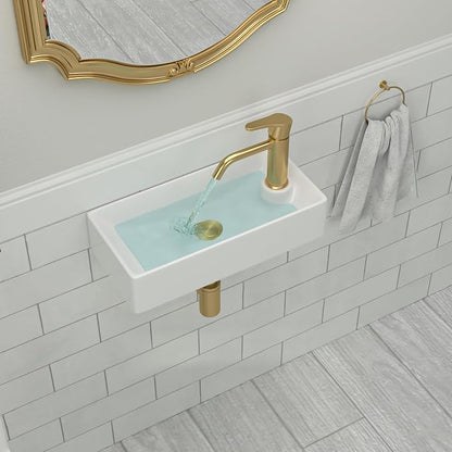 Wall Mount Bathroom Vessel Sink Space Saving | Beslend 17"x8" Inch White Ceramic Vessel Sink, Rectangular White Art Hand Wash Basin with Single Hole