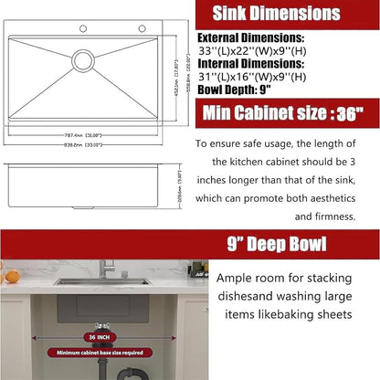 33x22 Drop in Kitchen Sink, SUS304 Stainless Steel Top Mount Workstation Sink, 16 Gauge Brushed Nickel Single Bowl Kitchen Sinks with Accessories for Kitchen Laundry Utility