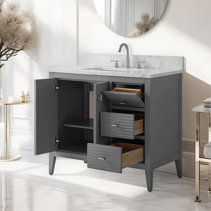 Vanity Art 36 inch Bathroom Vanity with Single Sink & Ceramic Top, Vanity Cabinet with Soft-Closing Door, Solid Wood Frame, Linear Pattern, Cashmere Gray, Golden Brushed Handware VA9136-G-GB