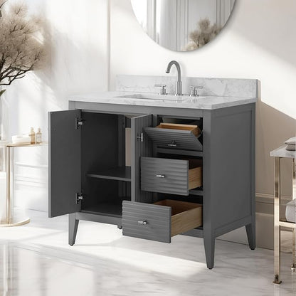 Vanity Art 36 inch Bathroom Vanity with Single Sink & Ceramic Top, Vanity Cabinet with Soft-Closing Door, Solid Wood Frame, Linear Pattern, Cashmere Gray, Golden Brushed Handware VA9136-G-GB