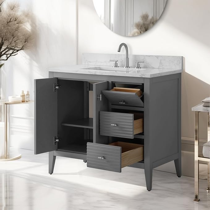 Vanity Art 36 inch Bathroom Vanity with Single Sink & Ceramic Top, Vanity Cabinet with Soft-Closing Door, Solid Wood Frame, Linear Pattern, Cashmere Gray, VA9136-G-MB,Matte Black Handles