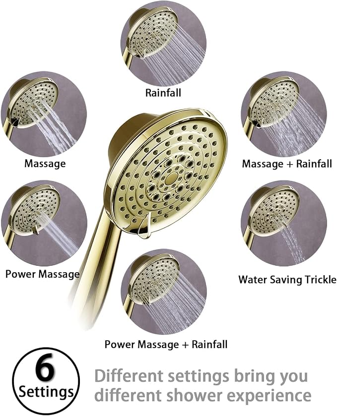 G-Promise Detachable Handheld Shower Head with Metal Holder & Hose | High Pressure, Adjustable Solid Brass Bracket Holder, 6 Spray Settings, 70" to 75" Long Stainless Steel Hose, Easy DIY