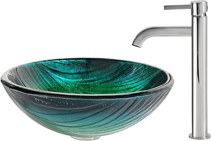 KRAUS Nei Glass Vessel Sink in Green with Ramus Faucet in Chrome
