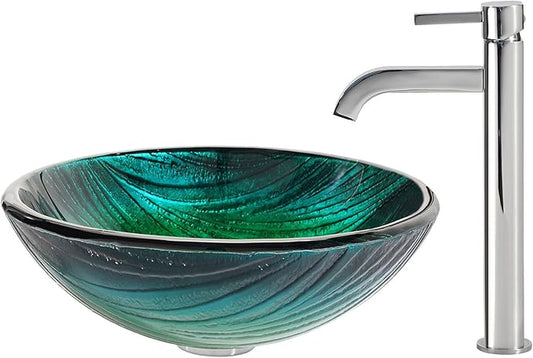 KRAUS Nei Glass Vessel Sink in Green with Ramus Faucet in Chrome