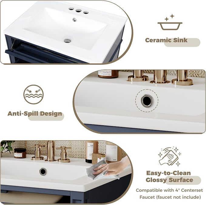 Merax 24 Inch Bathroom Vanity with Ceramic Sink, Solid Wood Frame Modern Bathroom Sink Storage Cabinet with 2 Drawers and a Tip-Out Drawer, Single Sink Bathroom Vanities, Navy Blue