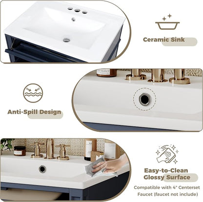 Merax 24 Inch Bathroom Vanity with Ceramic Sink, Solid Wood Frame Modern Bathroom Sink Storage Cabinet with 2 Drawers and a Tip-Out Drawer, Single Sink Bathroom Vanities, Navy Blue