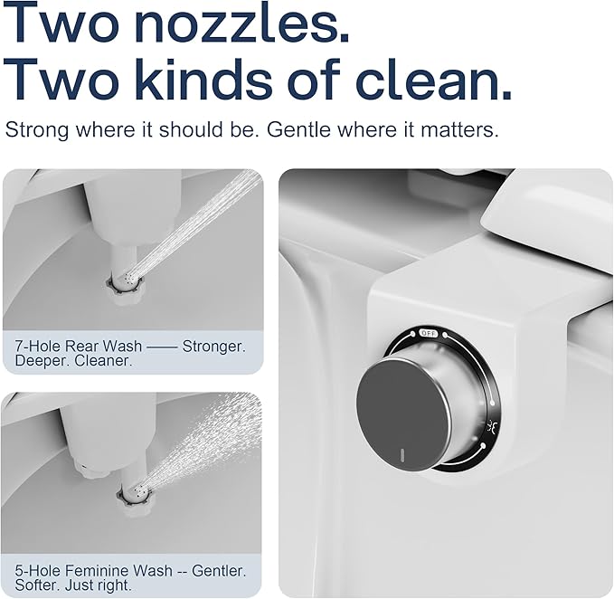 Toilet Bidet with Dual Nozzle Spray,No Electric Bidet Attachment for Toilet with Adjustable Water Pressure,Easy Install Toilet Seat Bidet with Feminine Wash and Rear Wash,Suit for Tight Space