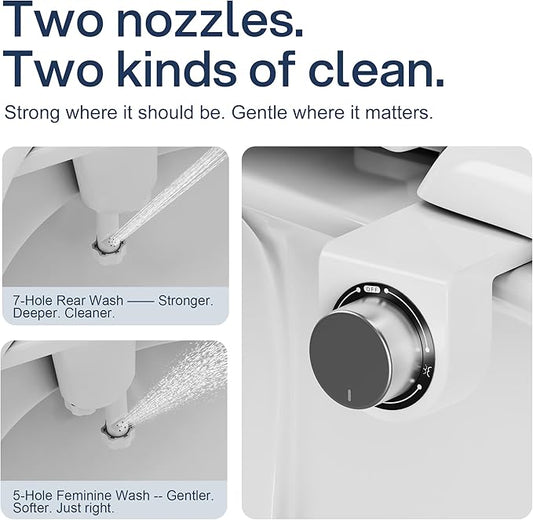 Toilet Bidet with Dual Nozzle Spray,No Electric Bidet Attachment for Toilet with Adjustable Water Pressure,Easy Install Toilet Seat Bidet with Feminine Wash and Rear Wash,Suit for Tight Space