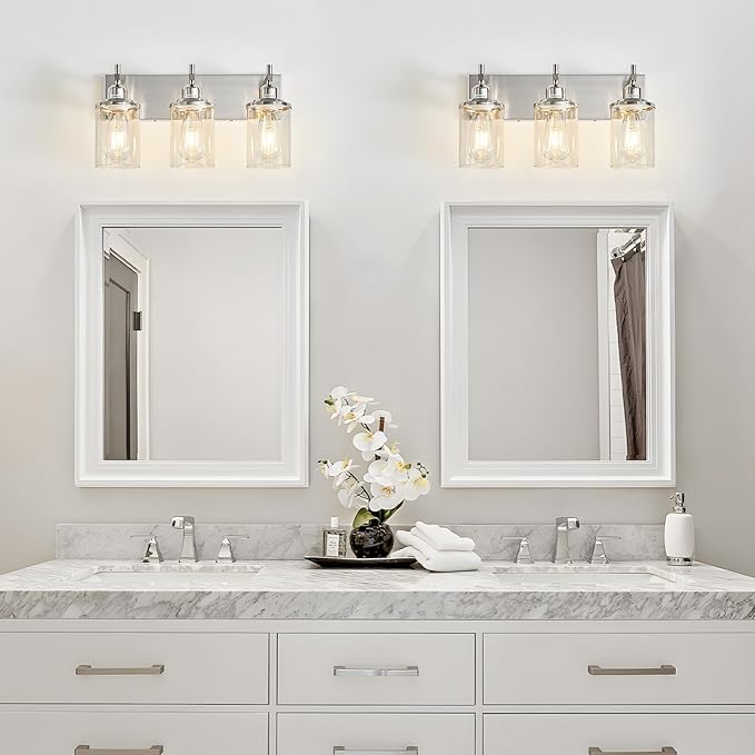 3-Light Brushed Nickel Bathroom Light Fixture Over Mirror Modern Bathroom Vanity Light Vintage Wall Lighting with Clear Glass Shade for Bathroom, Bedroom, Hallway, Cabinet