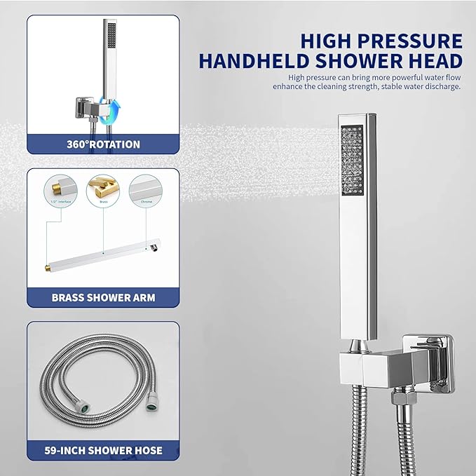BWE 10 Inch Square Bathroom Luxury Rain Mixer Shower Combo Set Wall Mounted Shower Kit Rainfall Shower Head System Polished Chrome Shower Faucet Rough-in Valve Body and Trim Included