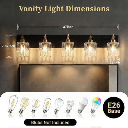 OCIOC 5-Light Black and Gold Bathroom Light Fixtures Over Mirror, Modern Brushed Gold Vanity Lights for Bathroom, Sconces Wall Lighting with Glass Shade for Mirror Bedroom Hallway
