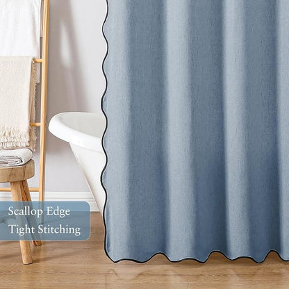Linen Scallop Shower Curtain with 12 Hooks, Waterproof, 72x72, Fog Blue | Waterproof Heavy Duty Thick Fabric with Black Border, Minimalist Neutral Boho Farmhouse Bathroom Décor