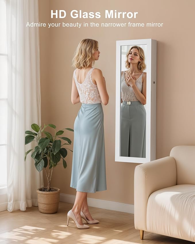Nicetree 6 LEDs Mirror Jewelry Cabinet, Jewelry Organizer with Full Length Mirror, Wall/Door Mounted Jewelry Organizer, Full Length Mirror with Storge (Textured White)