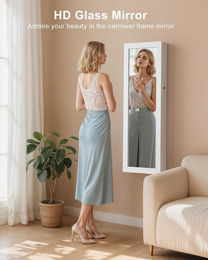 Nicetree 6 LEDs Mirror Jewelry Cabinet, Jewelry Organizer with Full Length Mirror, Wall/Door Mounted Jewelry Organizer, Full Length Mirror with Storge (Textured White)