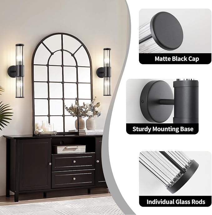 19.69" Modern Bathroom Wall Sconce Light Fixture, Black Glass Rod Vanity Light with E12 Base, Up or Down Mounting for Mirror Makeup Lighting (Bulbs Not Included)