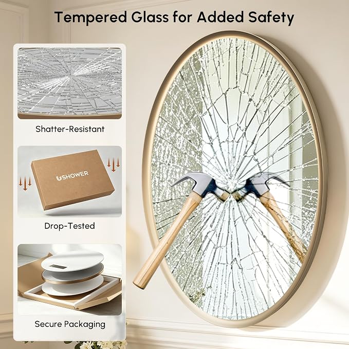 Brushed Gold Oval Bathroom Mirror 20x28 Inch | Vanity Wall Mirror, Crystal-Clear HD Glass, Rust-Proof Aluminum Frame, Inner-Curved Decor for Bedroom, Entryway Renovation