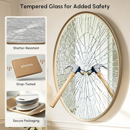 Brushed Gold Oval Bathroom Mirror 20x28 Inch | Vanity Wall Mirror, Crystal-Clear HD Glass, Rust-Proof Aluminum Frame, Inner-Curved Decor for Bedroom, Entryway Renovation