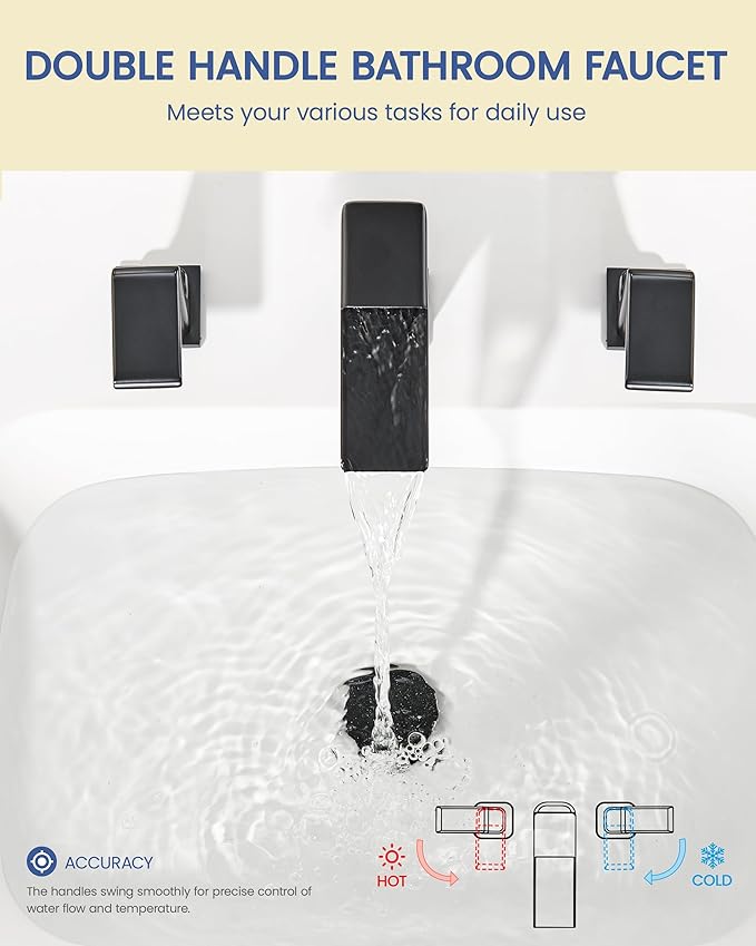 Matte Black Bathroom Sink Faucet 3 Hole - 8 Inch Waterfall Vanity Faucets with Pop Up Drain - Modern Widespread 2 Handles Bathroom Faucet for Farmhouse, Restroom, Lavatory