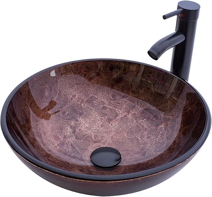 Bathroom Vessel Sink 16.5" Vessel Sinks Tempered Glass Brown Art Basin Round Bowl with Faucet Combo Brown,Countertop Bowl Sink for Lavatory Vanity Cabinet