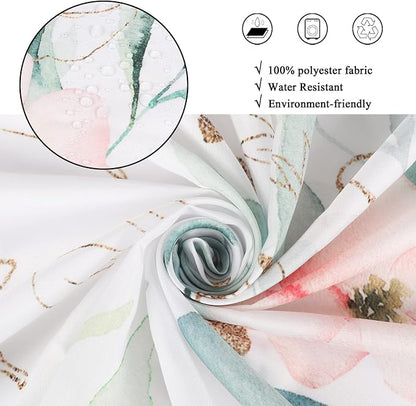 Spring Pink Floral Shower Curtain, Weighted Bottom Sage Green Eucalyptus Leaf Watercolor Botanical Plants with Gold Branches Fabric Bathroom Curtain Home Decor Waterproof Washable with 12 Hooks