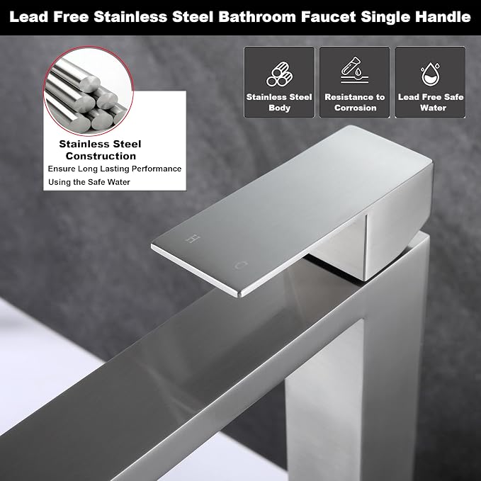Brushed Nickel Vessel Sink Faucet, Tall Bathroom Faucet 1 Hole | Stainless Steel Single Hole Bathroom Sink Faucet, Tall Vanity Faucet with Pop Up Drain
