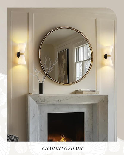 Wall Sconces Set of Two, HWH 14.3 Inch Black and Gold Bathroom Sconces with Frosted Milk White Striped Glass, Up Down Modern Wall Light fixtures for Living Room Bedroom, 5HZG97B-2W-2PK BK+BG