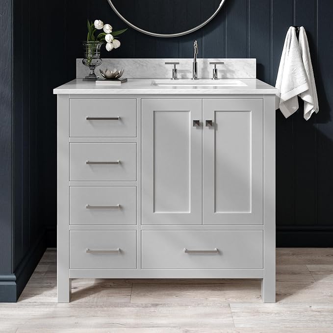 ARIEL Cambridge 36-inch Bathroom Vanity with Sink,Solid Wood, 0.75-inch Italian Carrara Marble Countertop, Single Rectangular Porcelain Sink, 2 Soft Closing Doors, 5 Dovetail Drawers, Grey