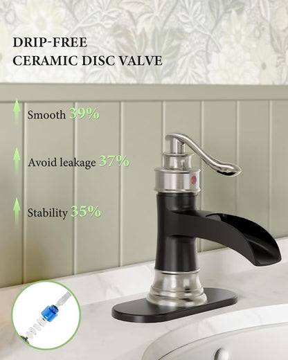 Bathroom Sink Faucet Waterfall Single Handle Matte Black and Brushed Nickel | Lavatory Vanity Basin Mixer Tap One Hole Lever Deck Mount Commercial Supply Line by Homevacious
