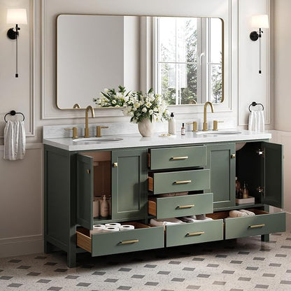 ARIEL Cambridge 72-inch Bathroom Vanity with Sink,Solid Wood, 1.5-inch Italian Carrara Marble Countertop, Double Oval Porcelain Sink, 4 Soft Closing Doors, 6 Dovetail Drawers, Vintage Green