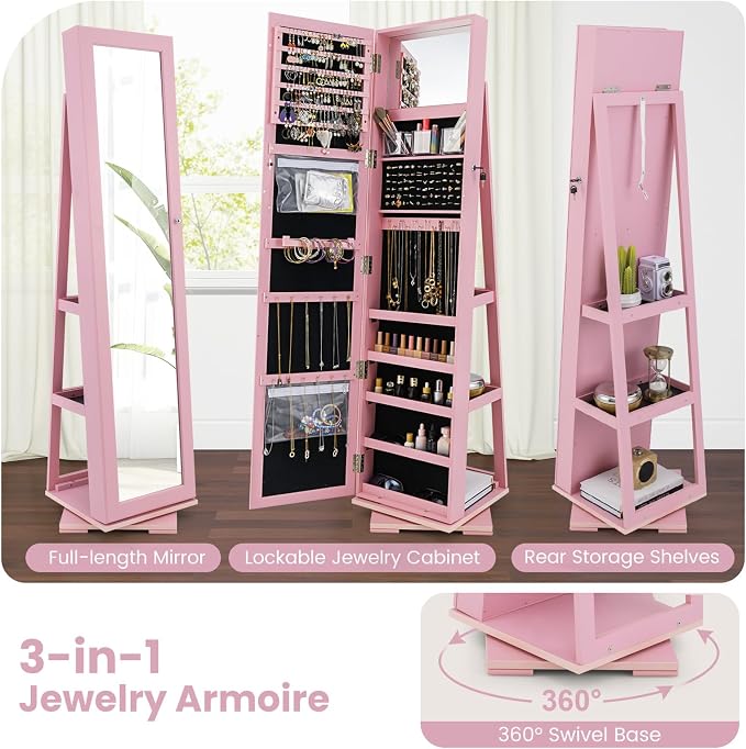 GOFLAME 360° Rotating Jewelry Armoire, Lockable Jewelry Cabinet with Full-Length Mirror & Inner Makeup Mirror, Standing Jewelry Storage Organizer with Rear Storage Shelves, Pink