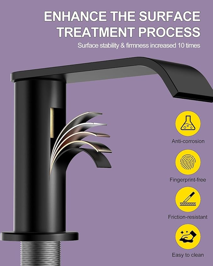 Homevacious Matte Black Waterfall Bathroom Faucet for Sink 3 Hole 8 Inch Widespread Bathroom Sink Faucets with Pop-up Drain Supply Lines Stainless Steel 2-Handle Bathroom Sink Faucet for Bath Vanity