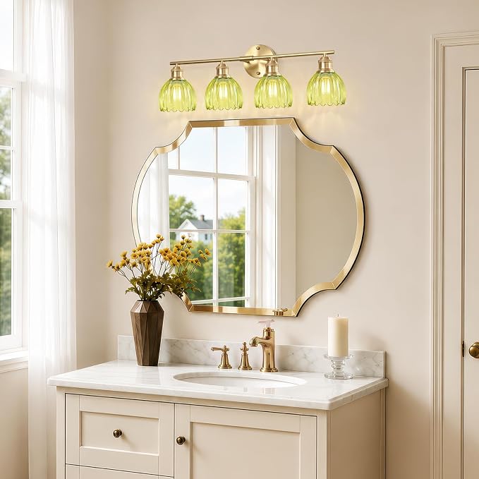 Bathroom Light Fixtures, 4-Light Brushed Gold Vanity Lights for Bathroom with Green Tulip Glass Shade, 26" Vintage Bathroom Vanity Lighting Fixtures Over Mirror for Bedroom Living Room Hallway