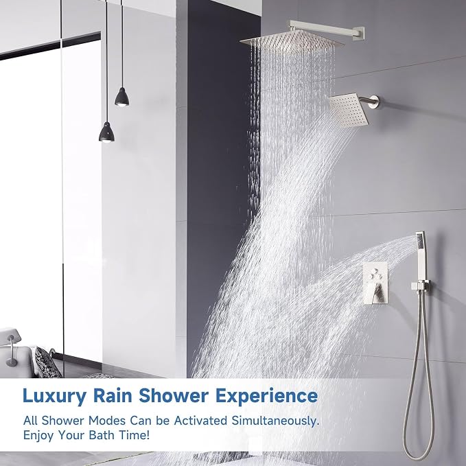 Dual Rainfall Shower Head System Brushed Nickel, 3-Function Push Button Shower Faucet Set with 12" Wall Mount Rain shower head and 6" Wall Mount Shower Head, Pressure Balance Rough-in Valve