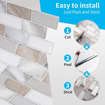 Art3d 10-Pack Marble Peel and Stick Backsplash, 12 x 12 in, Beige & White | Strong Adhesion, Lightweight, Cuttable, Waterproof, Fadeless, Crack Resistant, for Kitchen, Bedroom, Ideal for Recently Moved