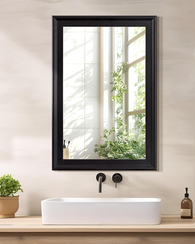 Black Wall Mirror for Bathroom,Rectangle Rustic 24 x 36 inch Vanity Mirrors | Hanging Mirror with Wood Grain Pattern for Living Room,Bedroom,Entryway