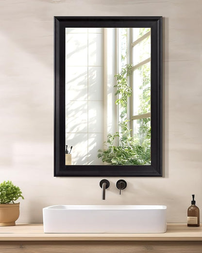 Black Wall Mirror for Bathroom,Rectangle Rustic 24 x 36 inch Vanity Mirrors | Hanging Mirror with Wood Grain Pattern for Living Room,Bedroom,Entryway