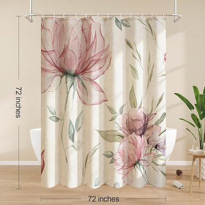 Litabel Farmhouse Pink Floral Linen Shower Curtain, Boho Vintage Spring Cotton Shower Curtains for Chic Elegant Bathroom Decor, Ink Painting Style Blossom Fabric Bath Curtain, 72 x 72