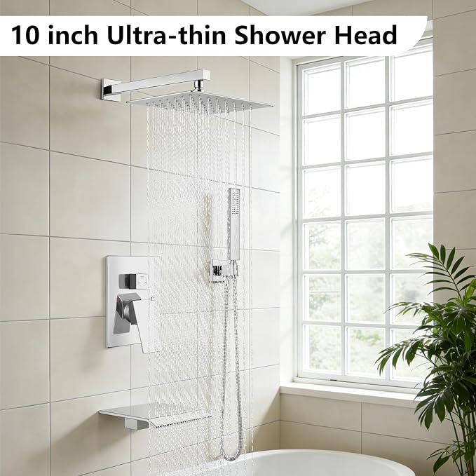 Midanya Shower System with Tub Spout,10 Inch Shower Head,Polish Chrome | with Valve & Trim Kit,Square Rain Head,Handheld Sprayer,Waterfall Spout,All Metal Wall Mount Bathroom Shower Tub Faucet Set
