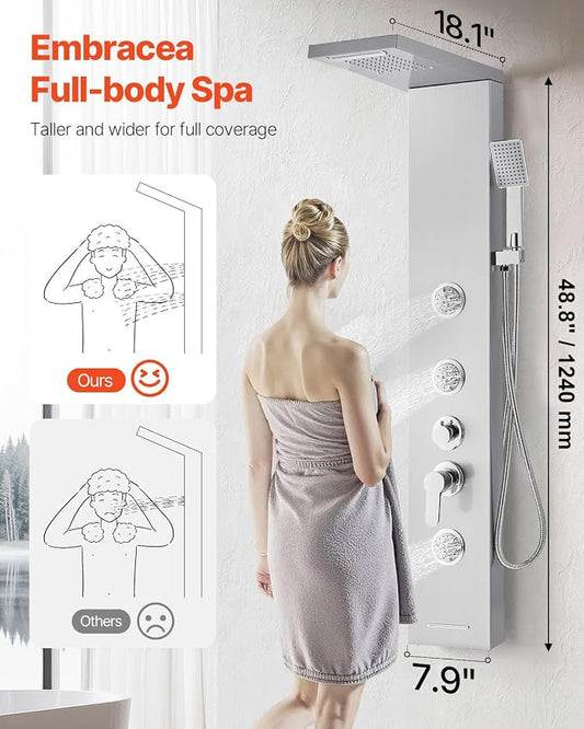 VEVOR Shower Panel Tower System with Rainfall Waterfall Shower Head, 53 in Brushed Stainless Steel Shower Column, 5-Function Faucet, Wall-Mount Rain Massage System with 3 Body Jet, Handheld, Tub Spout