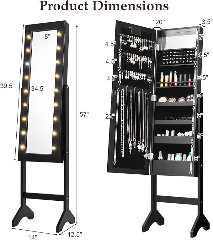 Moccha 18 LEDs Standing Jewelry Armoire, Large Lockable Jewelry Organizer, Mirrored Jewelry Cabinet with Full Length Mirror, 1 Inside Makeup Mirror, 4 Storage Shelves, 16 Lipstick Holders, Black