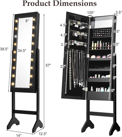Moccha 18 LEDs Standing Jewelry Armoire, Large Lockable Jewelry Organizer, Mirrored Jewelry Cabinet with Full Length Mirror, 1 Inside Makeup Mirror, 4 Storage Shelves, 16 Lipstick Holders, Black