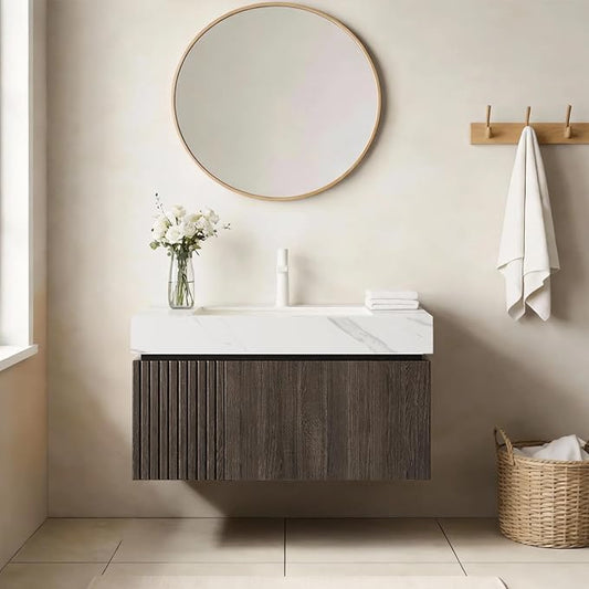 Ambrovina 30" Floating Bathroom Vanity with Sink, Plywood Storage Bathroom Vanities with Drawer and Door, Carrara White Sintered Stone Top and Ceramic Basin, Pre-Assembled Cabinet, Espresso Woodgrain