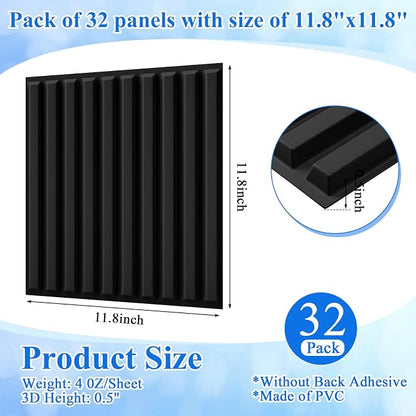 Nuanchu 32 Pcs 3D Wall Panels, 12"x12" PVC Fluted Tiles, Black | Waterproof Accent Panels, Paintable Wall Tiles, for TV Background, Bedroom, Bathroom, Gaming Room, Cuttable Home DIY Decor