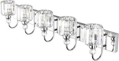 Ralbay Modern LED Crystal Bathroom Vanity Lights 5-Lights Stainless Steel Crystal Vanity Lights Over Mirror Modern Crystal Bathroom Vanity Lighting Fixtures