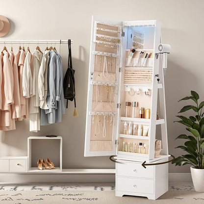 HOOBRO 360° Swivel Jewelry Cabinet with LED Lights, Standing Jewelry Armoire with 2 Drawers, Rotatable Full-Length Mirror Jewelry Organizer, Lockable Jewelry Storage Cabinet Makeup Brush Boxes, White