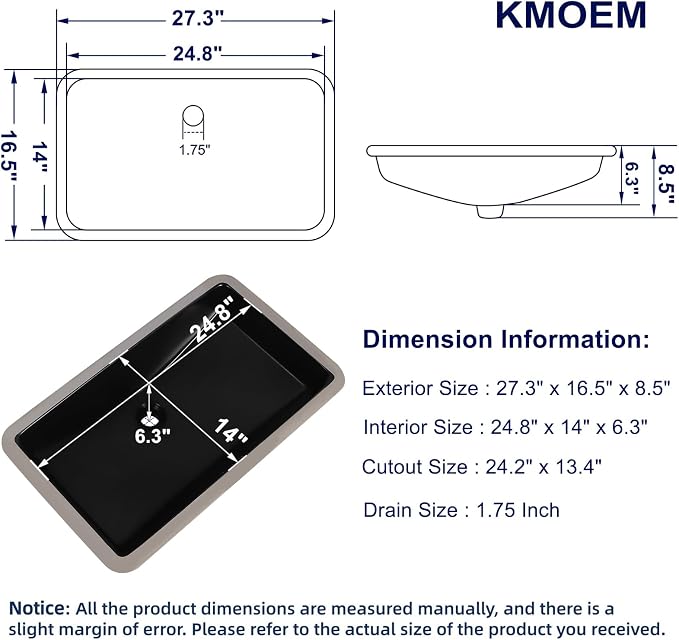 Black Undermount Bathroom Sink 27.3x16.5 Inch Vessel Sink Rectangular | Bathroom Sink Matte Black Bathroom Under Counter Lavatory Vanity Sink Basin Porcelain Ceramic Undermount Sinks with Overflow